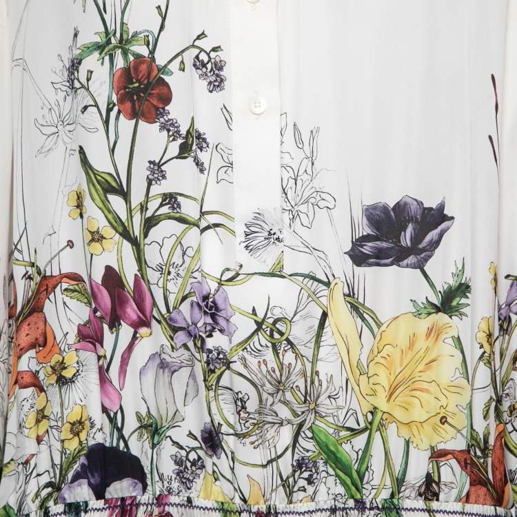 مملوكة مسبقًا Gucci White Floral Printed Silk Drop Waist Shirt Dress M