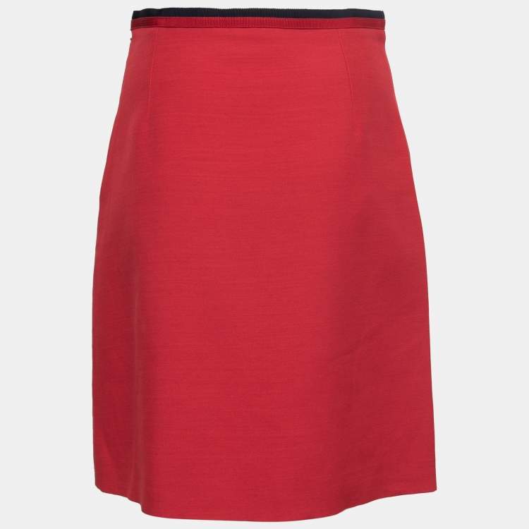 Pre Owned Gucci Red Crepe Stripe Trim Detail Knee-Length Skirt M