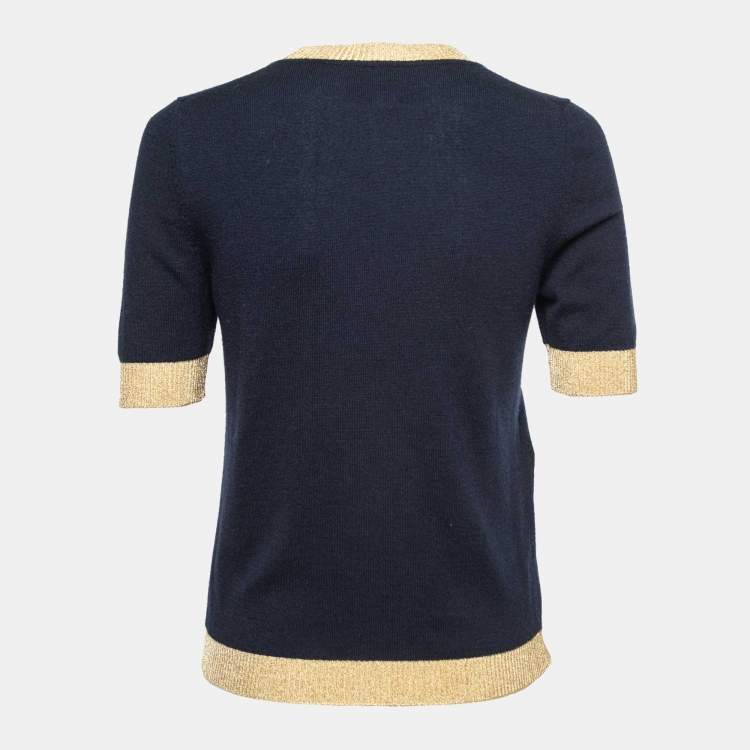 Pre Owned Gucci Navy Blue Cashmere Rib-Trim Detail Sweater Top M