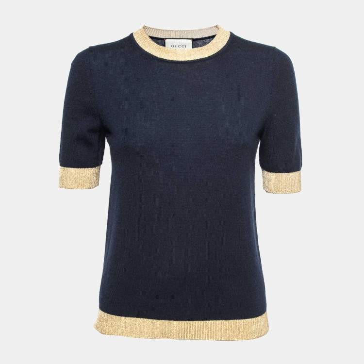 Pre Owned Gucci Navy Blue Cashmere Rib-Trim Detail Sweater Top M