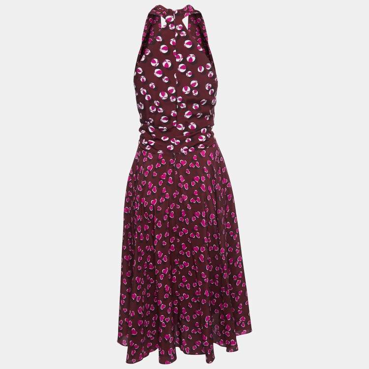Pre Owned Gucci Burgundy Heart Printed Silk Midi Dress M