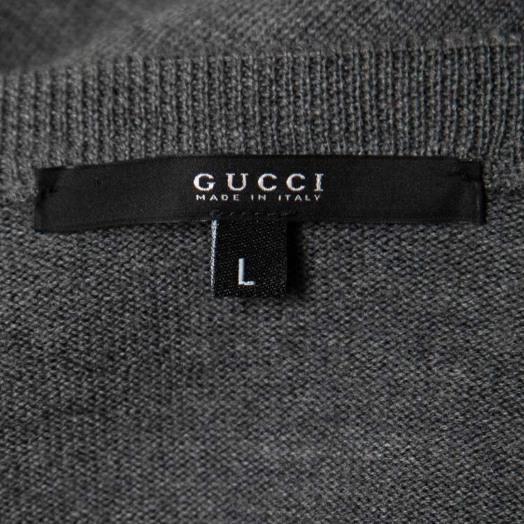 Pre Owned Gucci Grey Wool Knit Web Detail Sleeve V Neck Sweater L