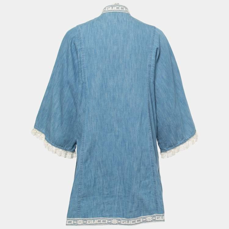 Pre Owned Gucci Blue Chambray Lace-Trimmed Tunic Dress S