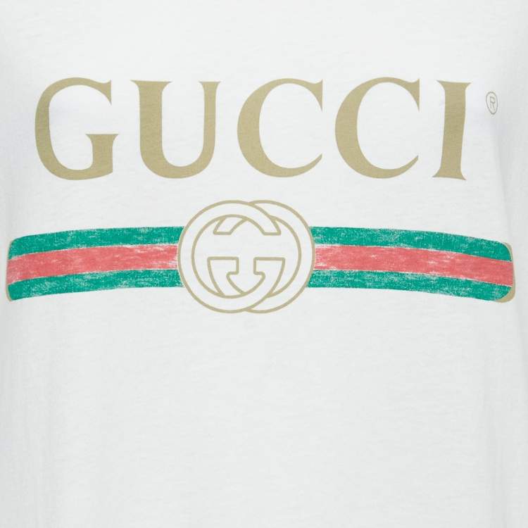 Pre Owned Gucci White Distressed Cotton Logo Print T-Shirt M