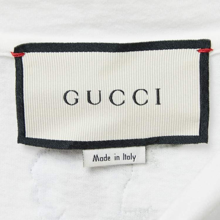 Pre Owned Gucci White Distressed Cotton Logo Print T-Shirt M