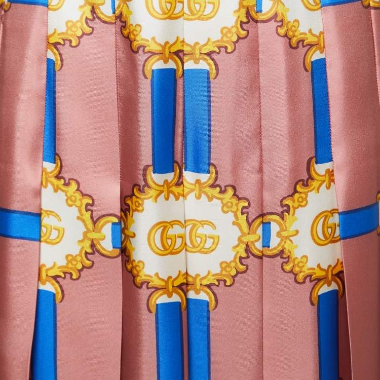 Pre Owned Gucci Pink Marmont GG Doubloon Harness Print Silk Pleated Skirt M