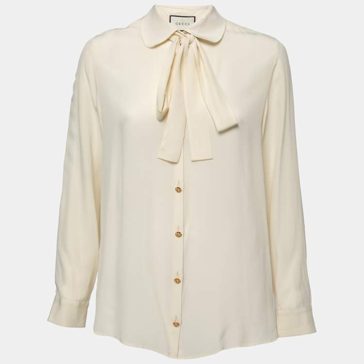 Pre Owned Gucci Cream Silk Bow Tie Detail Shirt M