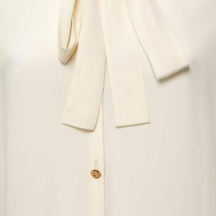 Pre Owned Gucci Cream Silk Bow Tie Detail Shirt M