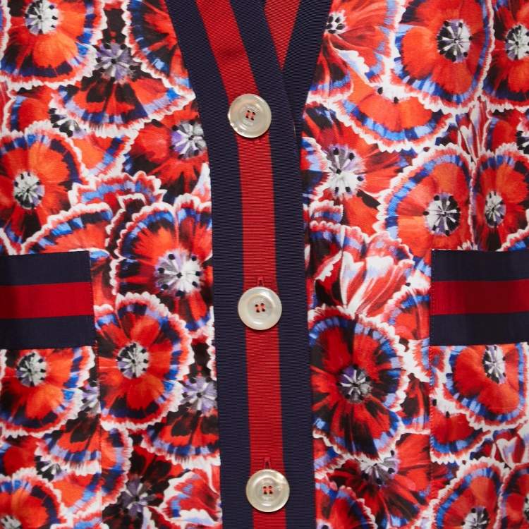 Pre Owned Gucci Red Poppy Print Silk Pajama Top S