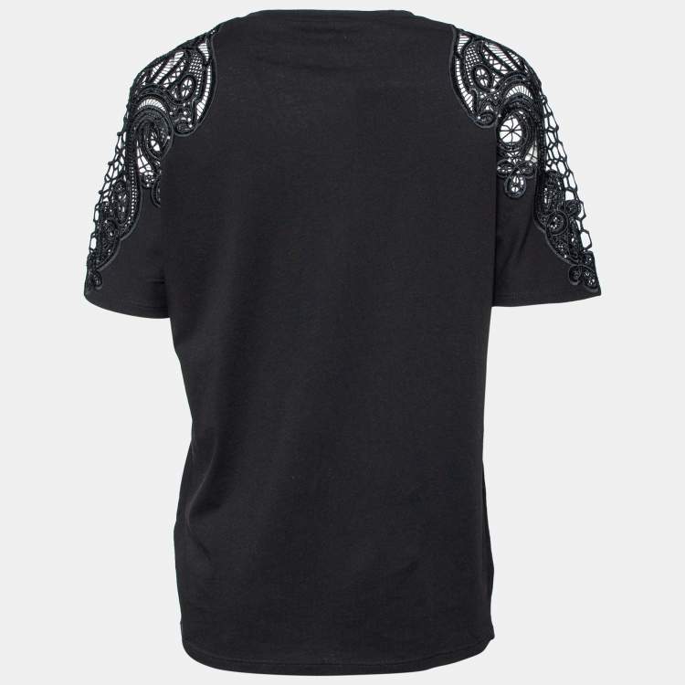 Pre Owned Gucci Black Cotton Knit Embroidered Sleeve Detail T-Shirt M