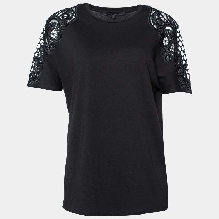 Pre Owned Gucci Black Cotton Knit Embroidered Sleeve Detail T-Shirt M