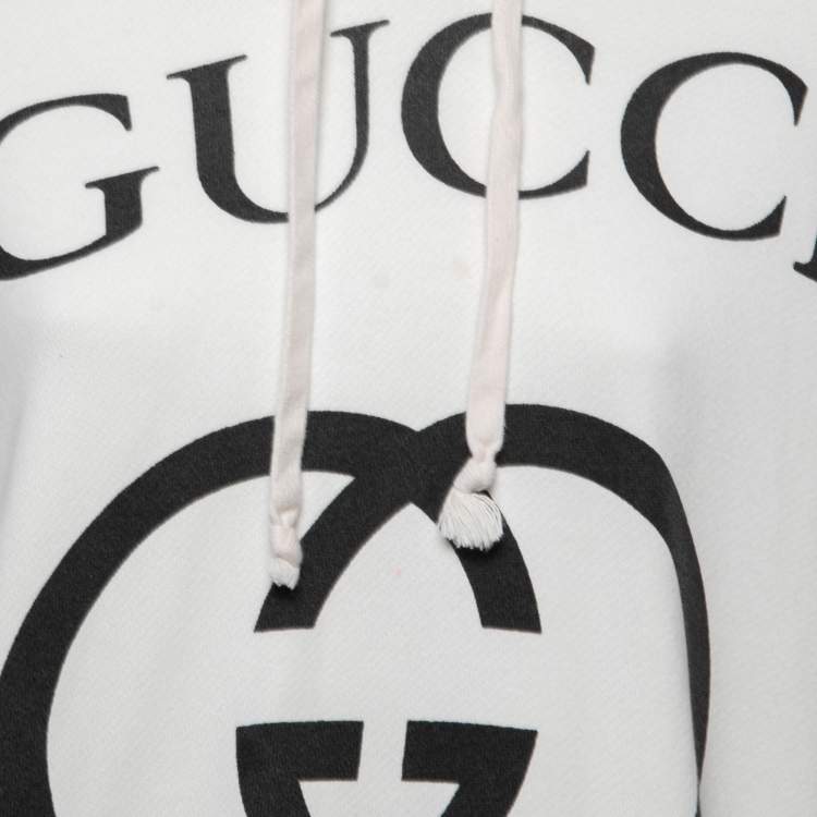 Pre Owned Gucci White Logo Printed Cotton Oversize Hoodie XS