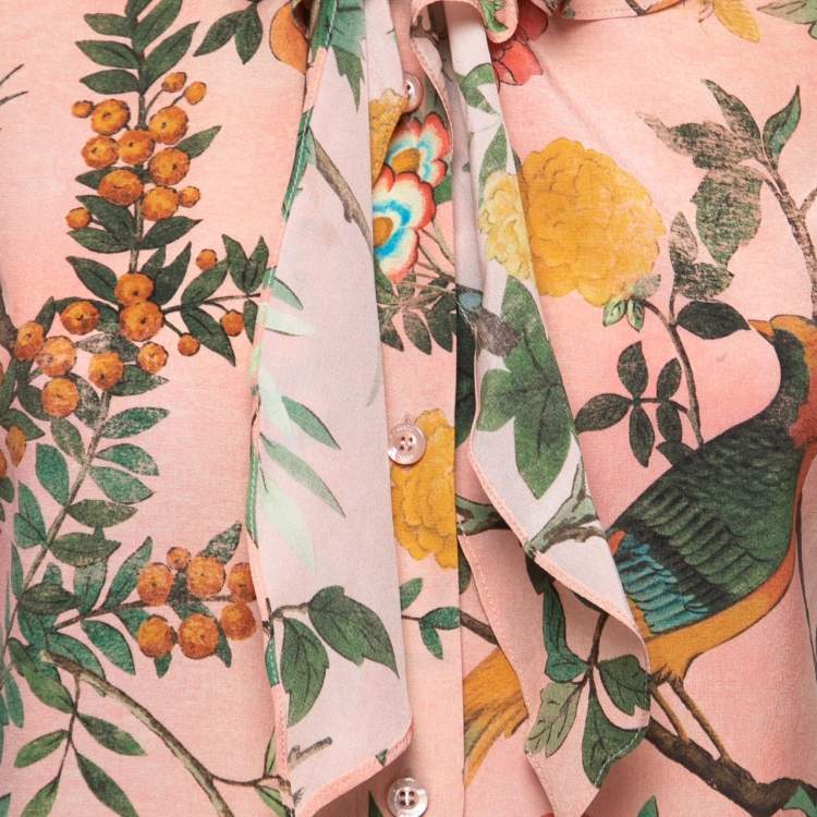 مملوكة مسبقًا Gucci Pink Floral Printed Silk Ruffled Tie Neck Top M