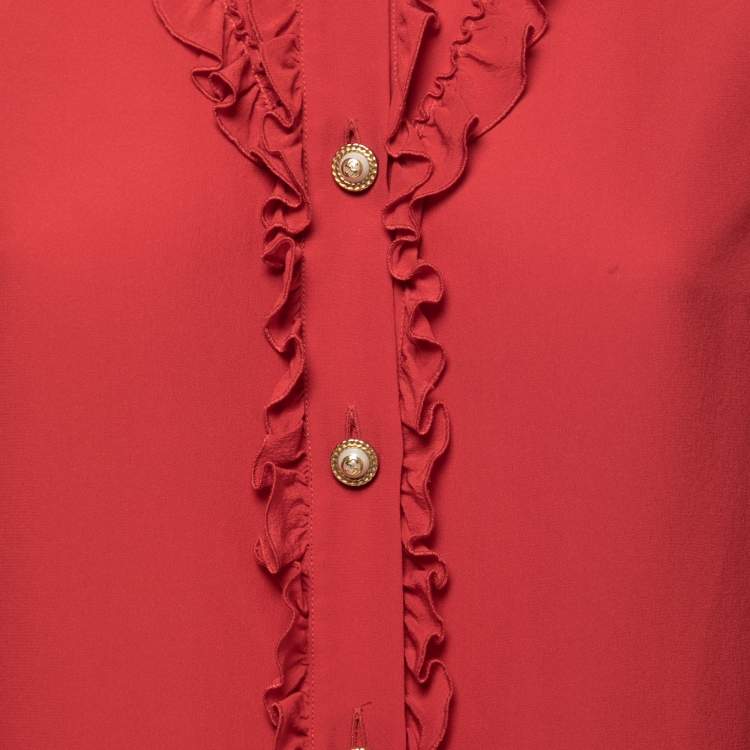 Pre Owned Gucci Red Silk Ruffled Long Sleeve Shirt M