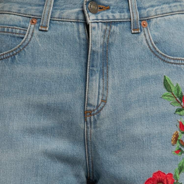Pre Owned Gucci Blue Floral Embroidered Denim Boyfriend Fit Jeans M Waist 28"