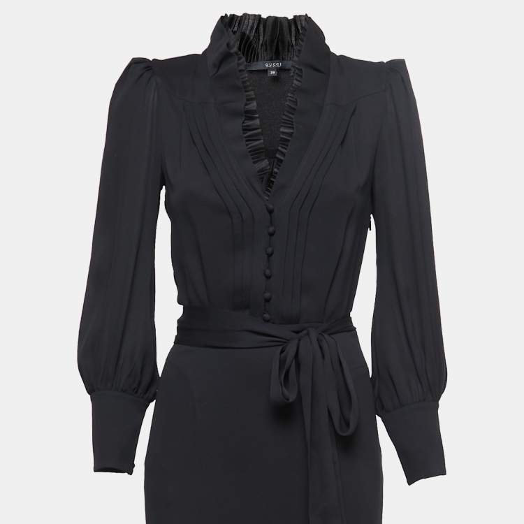 مملوكة مسبقًا Gucci Black Silk Ruffled Neck Tie Back Long Dress S