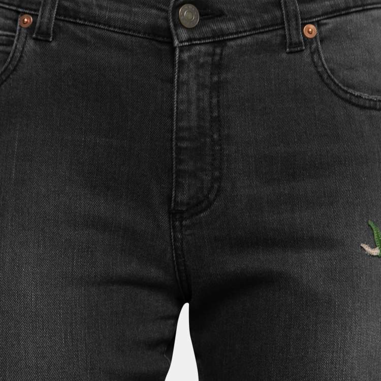 Pre Owned Gucci Grey Dragon Embroidered Denim Skinny Jeans M