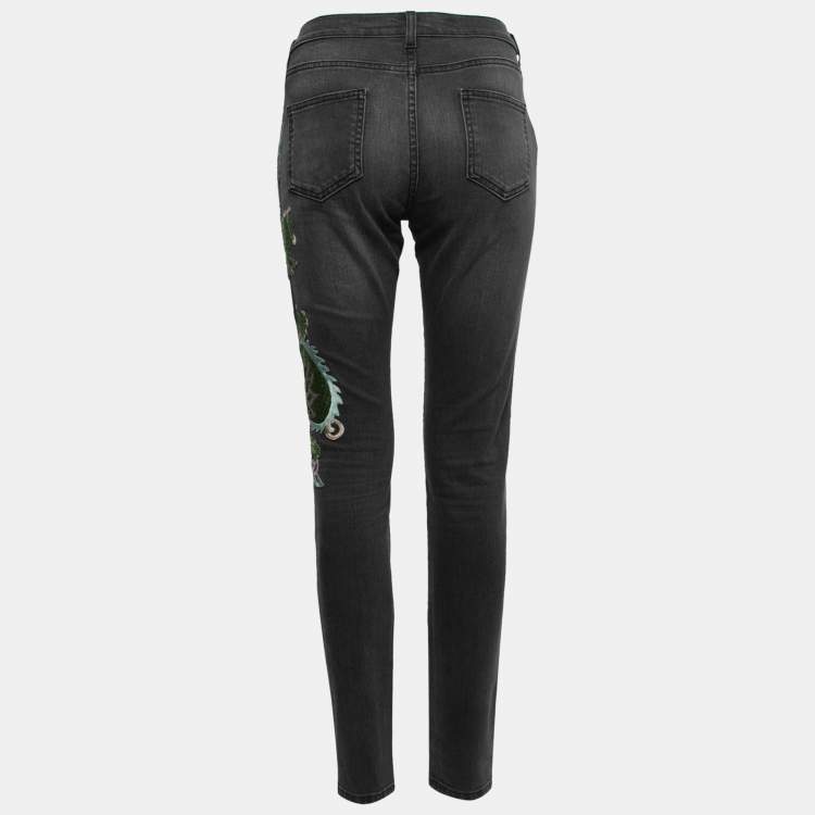 Pre Owned Gucci Grey Dragon Embroidered Denim Skinny Jeans M