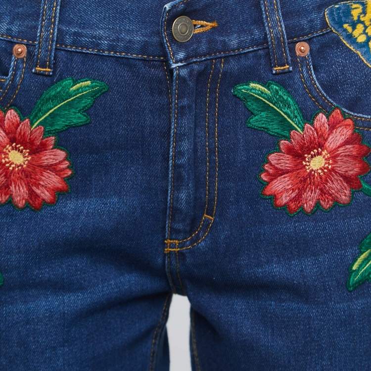 Pre Owned Gucci Blue Denim Floral and Butterfly Embroidered Flared Jean M