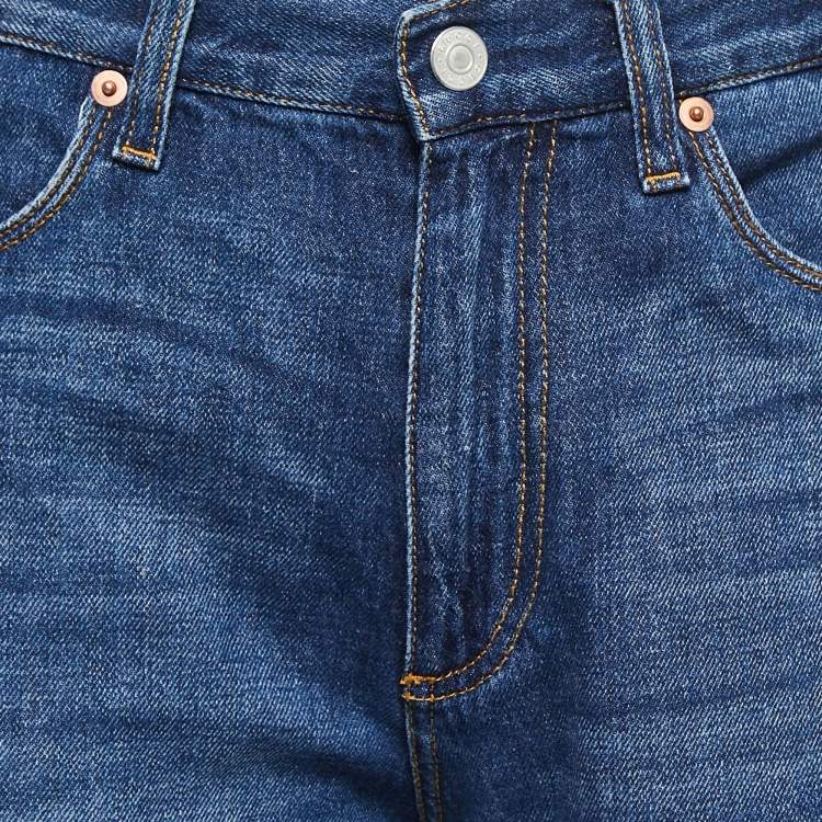 Pre Owned Gucci Blue Denim Embroidered Wide Leg Jeans S
