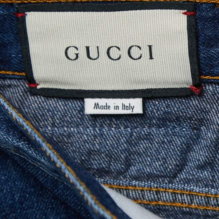 Pre Owned Gucci Blue Denim Embroidered Wide Leg Jeans S