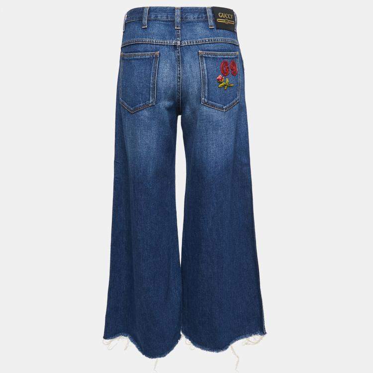 Pre Owned Gucci Blue Denim Embroidered Wide Leg Jeans S