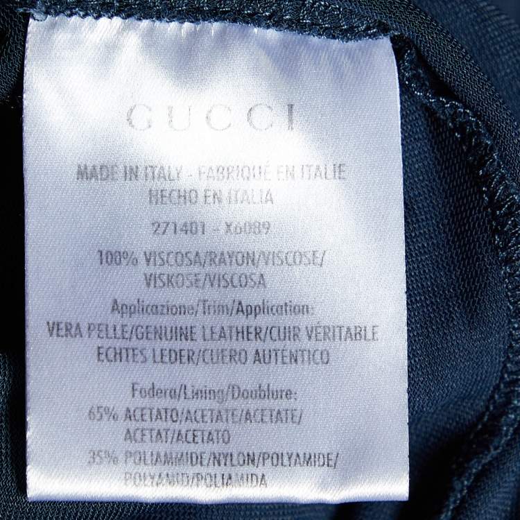 Pre Owned Gucci Navy Blue Jersey Leather Shoulder Detail Ruched Mini Dress M