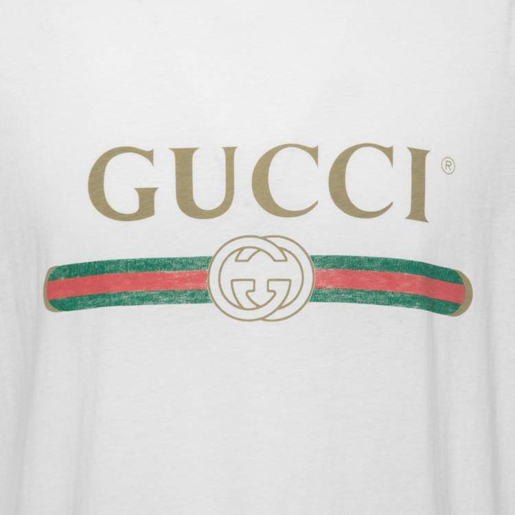 Pre Owned Gucci White Vintage Logo Print Cotton Distressed Oversize T-Shirt M