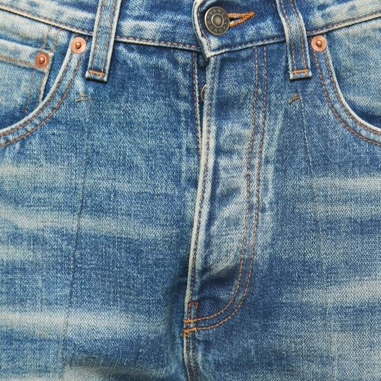 Pre Owned Gucci Blue Washed Denim Embroidery Detailed High Waist Jeans M Waist 28"