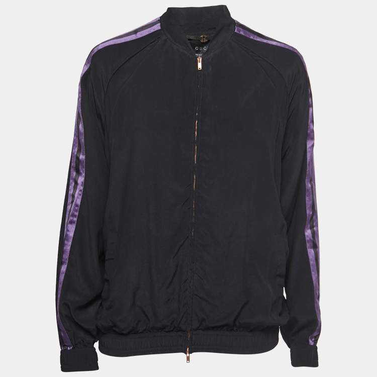 Pre Owned Gucci Black/Purple Stripe Detailed Silk Zip Front Jacket S