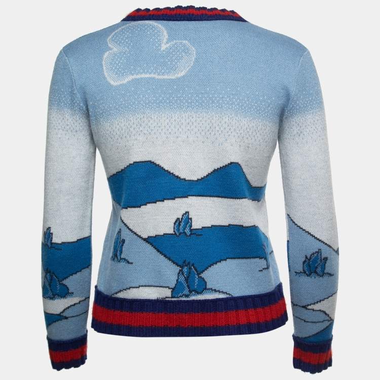 Pre Owned Gucci Blue Castle Jacquard Knit Pullover S