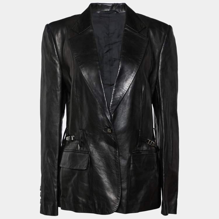 Pre Owned Gucci Vintage Black Leather Button Front Blazer L