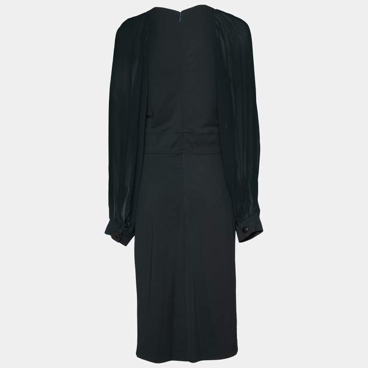 Pre Owned Gucci Bottle Green Jersey & Silk Bishop Sleeve Midi Dress M