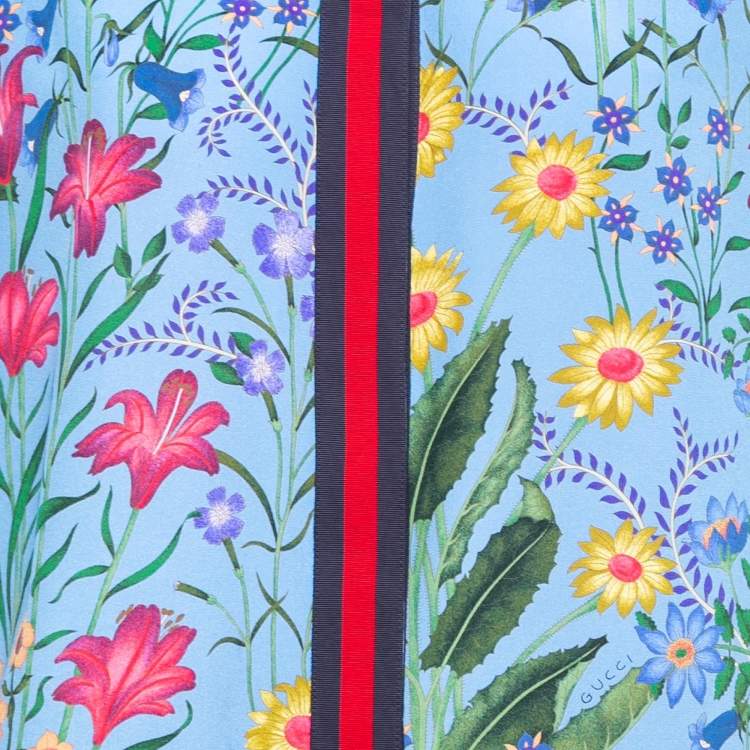 Pre Owned Gucci Blue Floral Print Silk Web Detail Tops and Pant Set L/M