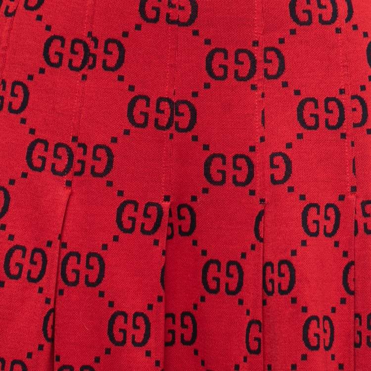 Pre Owned Gucci Red GG Print Cotton Knit Pleated Maxi Skirt M