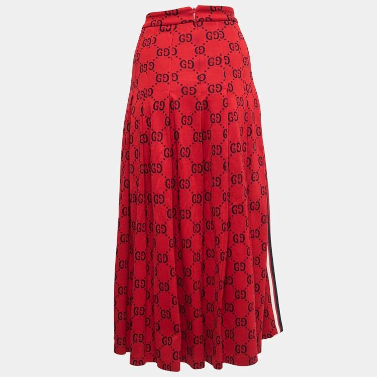 Pre Owned Gucci Red GG Print Cotton Knit Pleated Maxi Skirt M