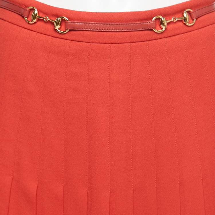 Pre Owned Gucci Red Wool Leather Trim Belt Detail Pleated Midi Skirt M