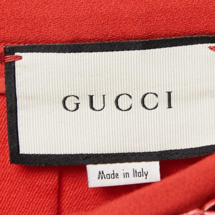 Pre Owned Gucci Red Wool Leather Trim Belt Detail Pleated Midi Skirt M