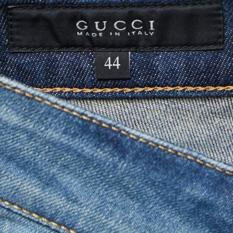 Pre Owned Gucci Blue Washed & Distressed Denim Slim Fit Jeans M Waist 33"