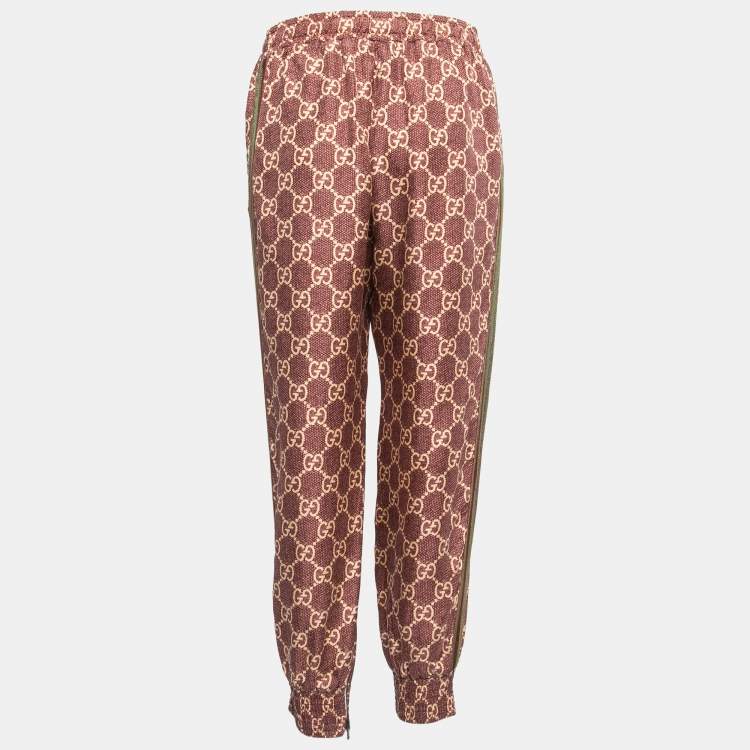 Pre Owned Gucci Brown GG Printed Silk Side Stripe Detail Jog Pants M