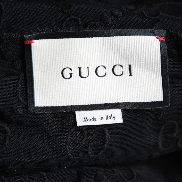 Pre Owned Gucci Black GG Embroidered Tulle Long Sleeve Top XS
