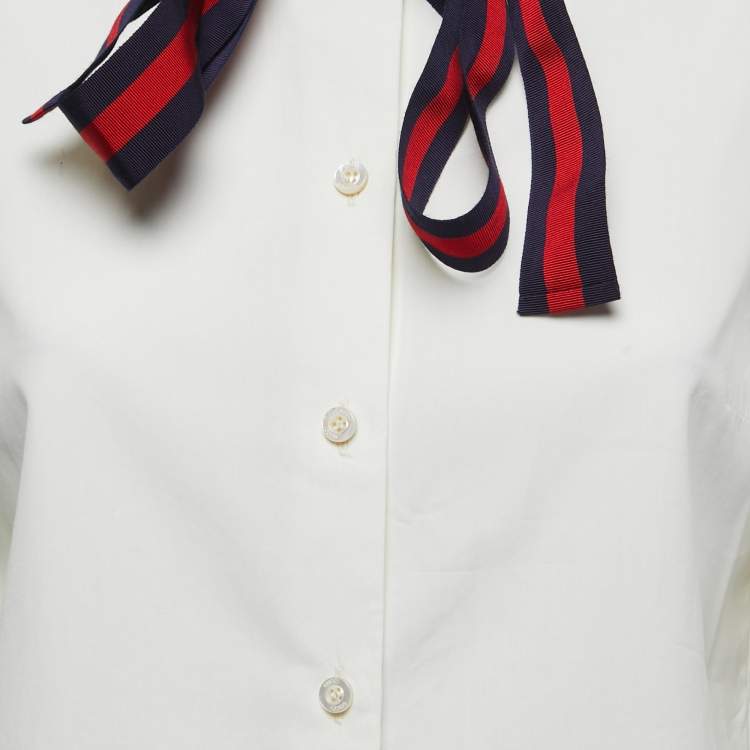 مملوكة مسبقًا Gucci White Cotton Poplin Puff Sleeve Tie Neck Shirt S
