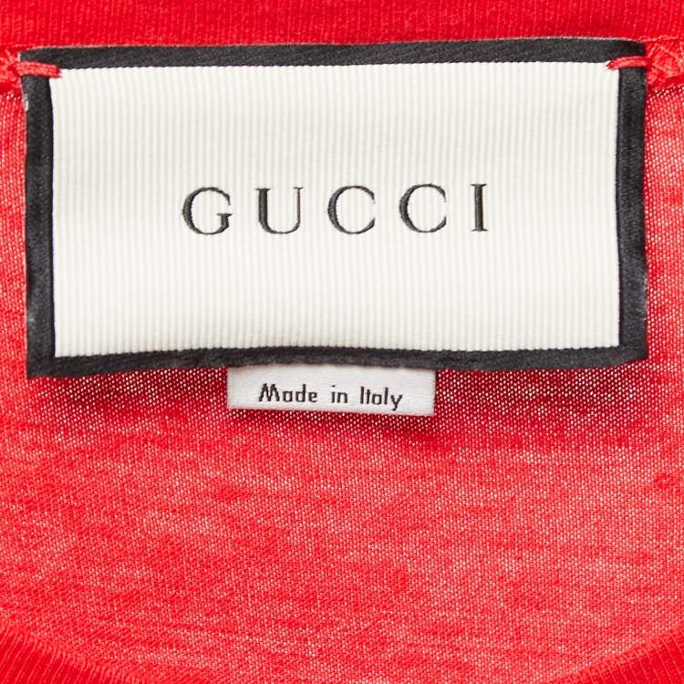 Pre Owned Gucci Red Cotton Logo Crystal Embellished T-Shirt S