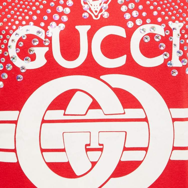 Pre Owned Gucci Red Cotton Logo Crystal Embellished T-Shirt S