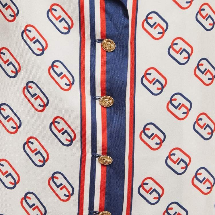 Pre Owned Gucci Ivory/Navy Blue Monogram Printed Silk Top M