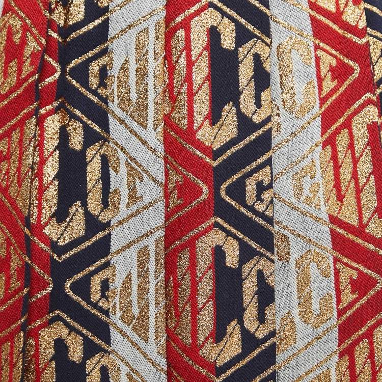 مملوكة مسبقًا Gucci Red/Blue All Over Logo Lurex Wool Pleated Midi Skirt S