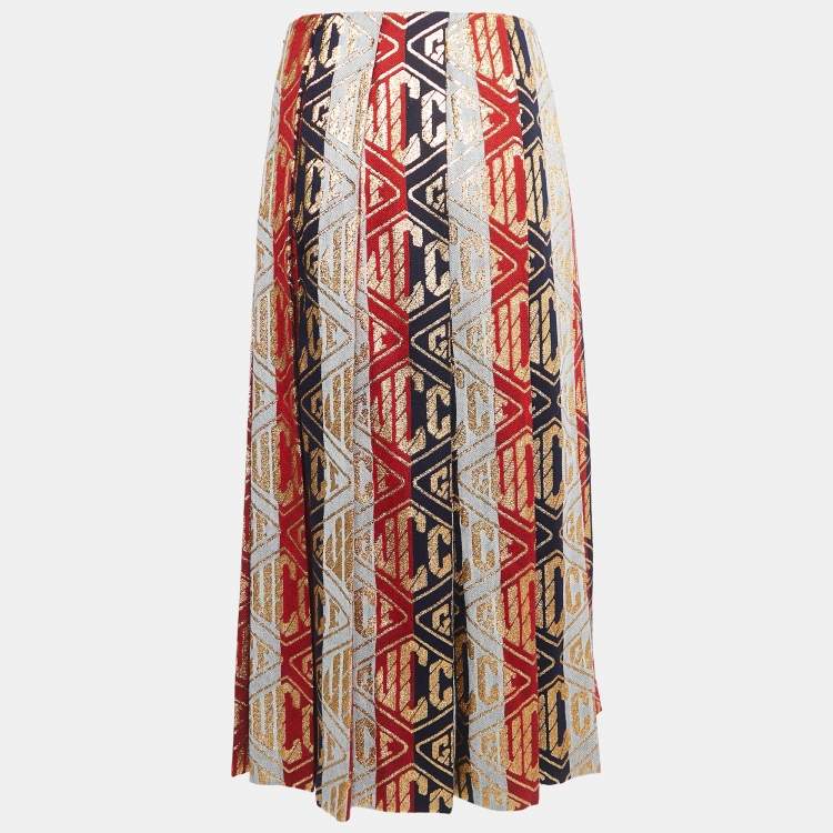مملوكة مسبقًا Gucci Red/Blue All Over Logo Lurex Wool Pleated Midi Skirt S