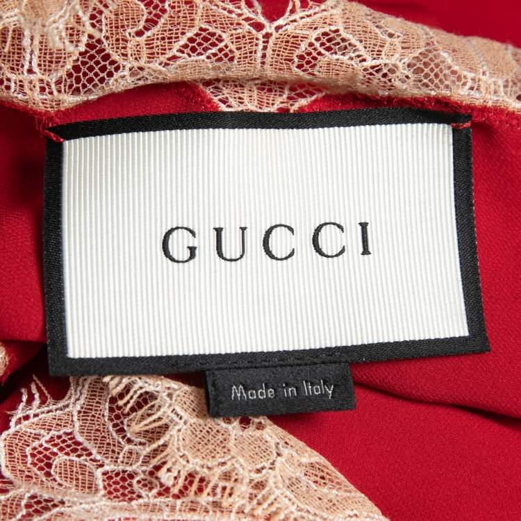 Pre Owned Gucci Red Silk Satin Lace Trimmed Bee Applique Detail Strappy Midi Dress M