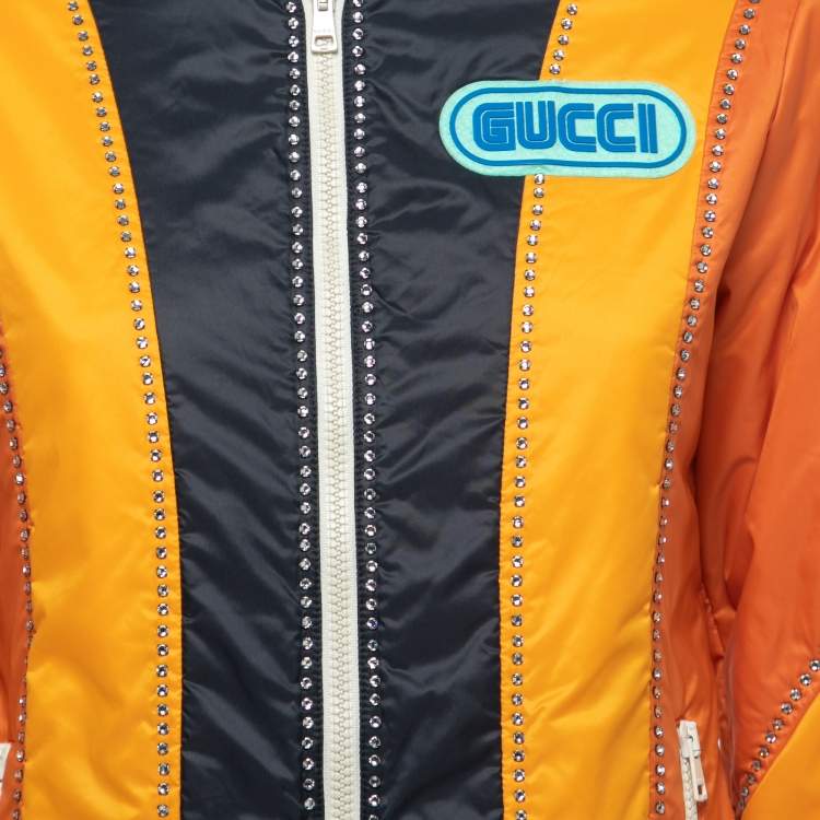 Pre Owned Gucci Orange Crystal Embellished Striped Spiritismo Biker Jacket S