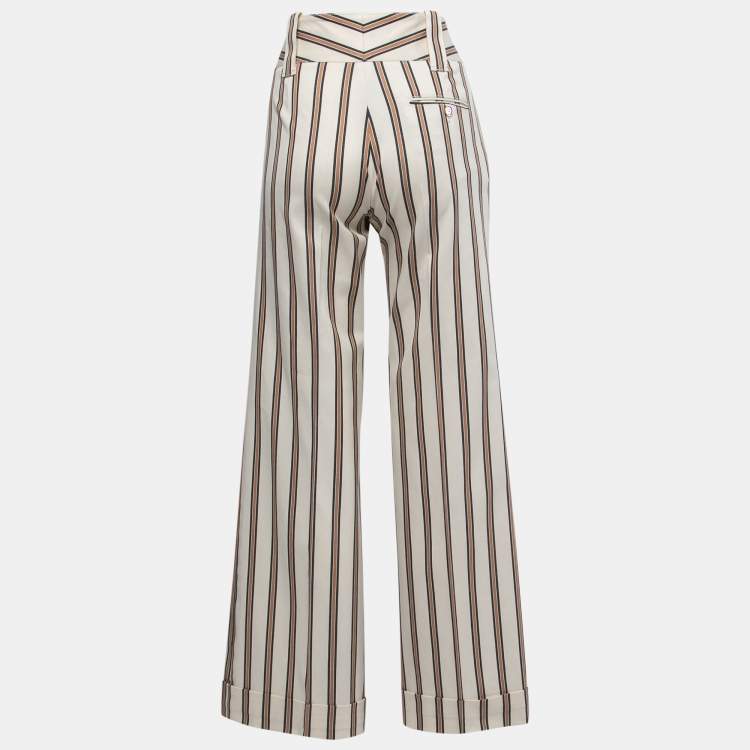Pre Owned Gucci Cream Striped Cotton Straight Leg Pants S 